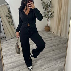 Black Wide-Leg Lounge 2 Piece Pants Set
